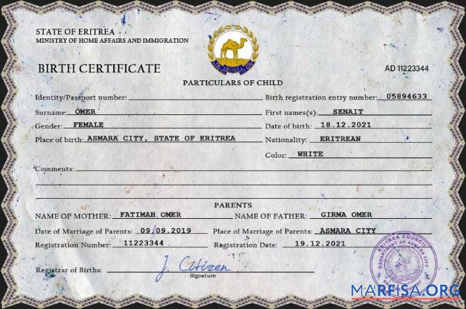 Downloadable Eritrea vital record birth certificate PSD template